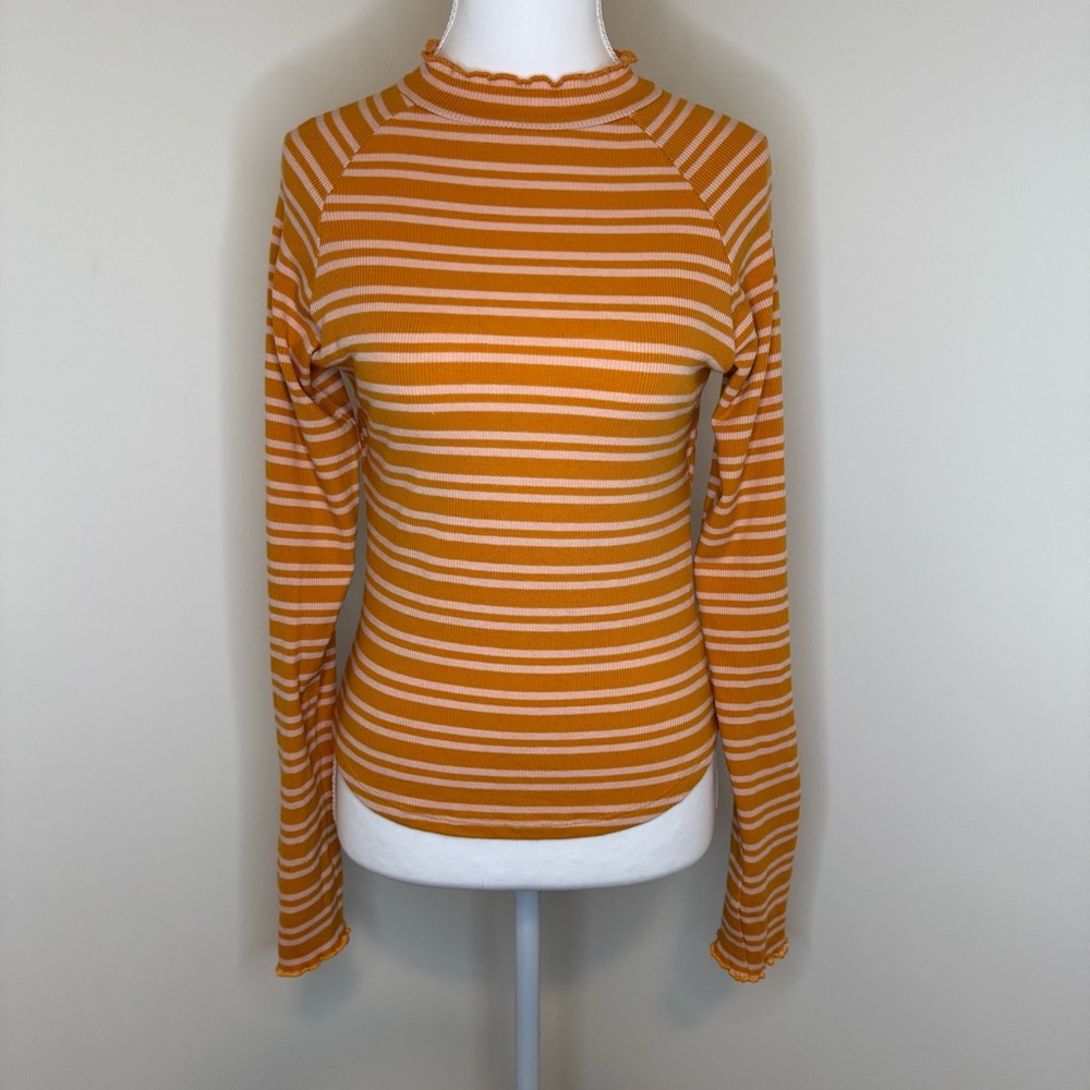 Free People Sunday Afternoon Cut Out Orange and Cream Striped Long Sleeve Top